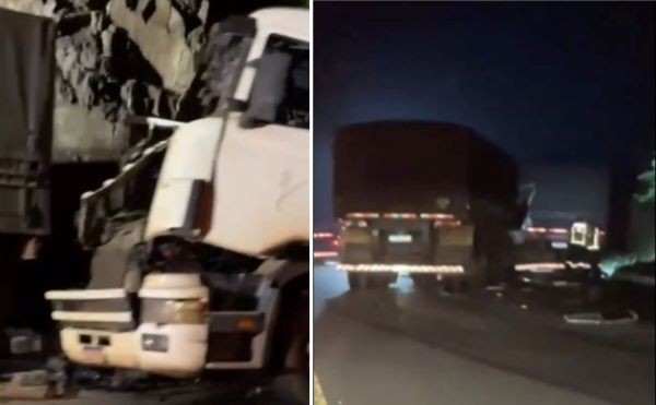 Dois caminhões colidem após pneu estourar na BR-282