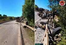 Caminhoneiro fica gravemente ferido após carreta tombar sobre ponte na BR-470, em Campos Novos